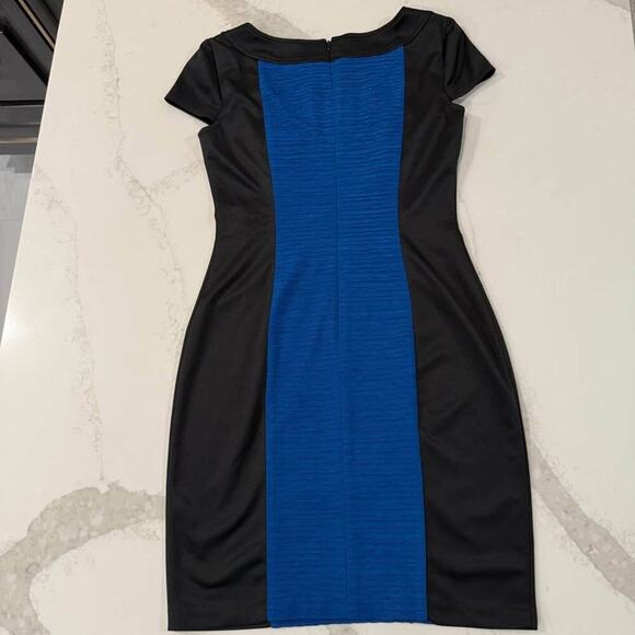 London Style CapSleeve Sheath Mini Dress Womens 6 Black/Blue Wavy Stretch Career - Picture 5 of 9